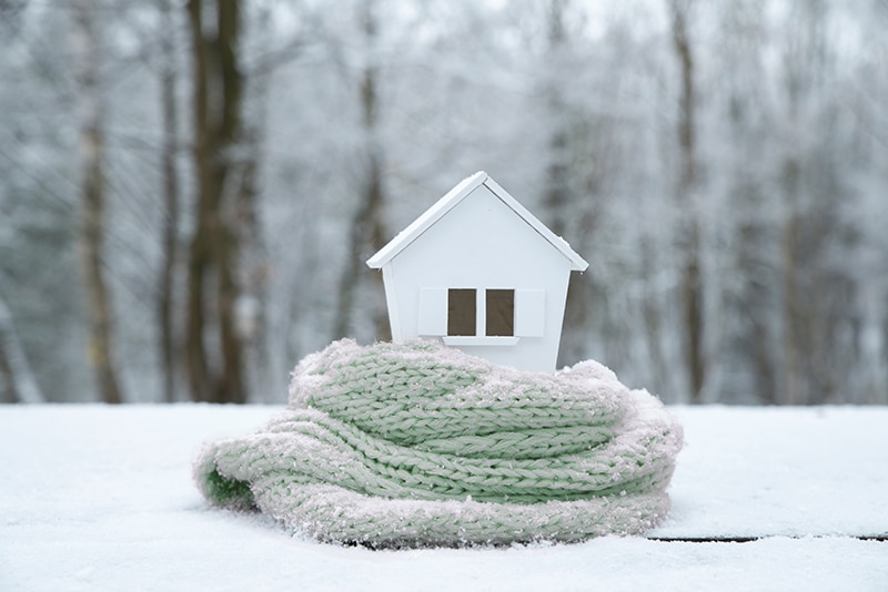 house bundled up in a scarf during the winter season